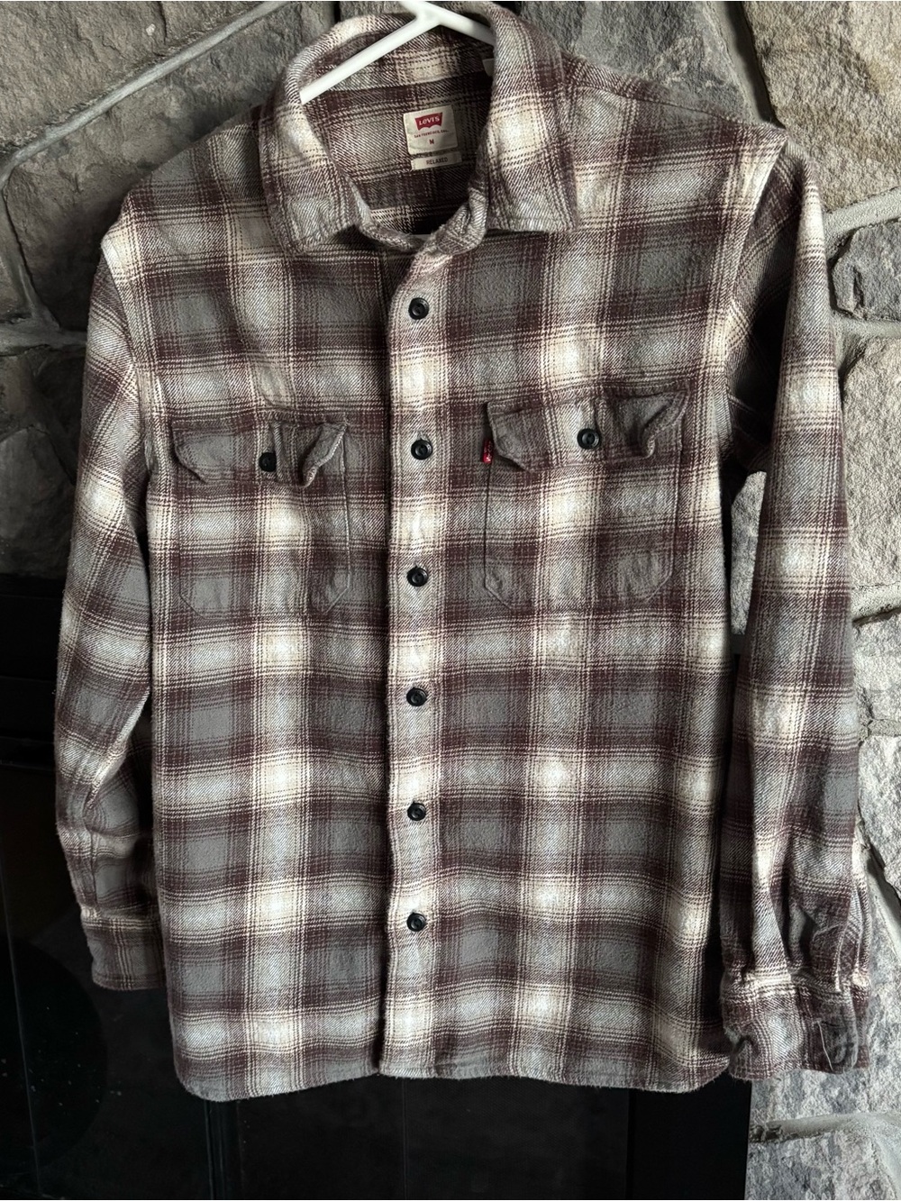 Levi's Men's Brown and Cream Plaid Button-Down Shirt